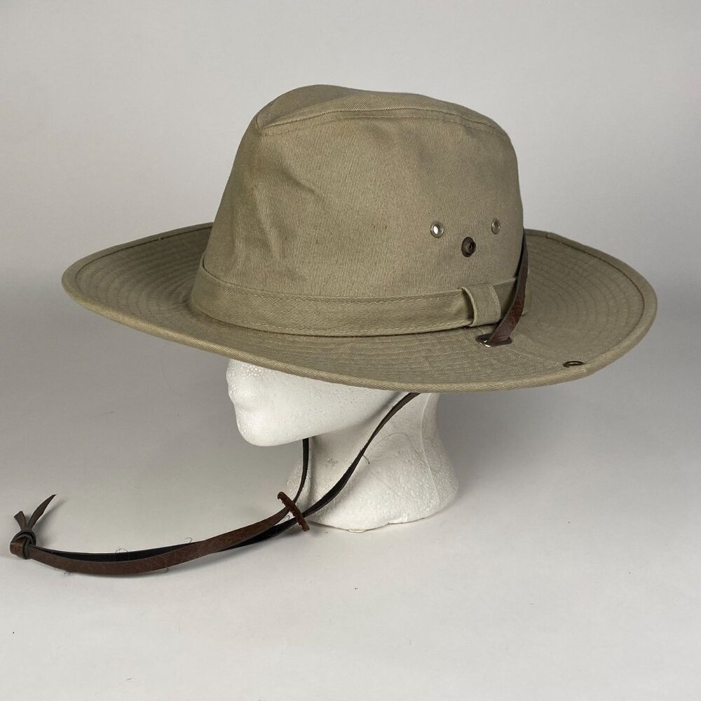 Vintage J Hats Safari Hat Khaki Size M Leather Chin Strap Fishing Camping